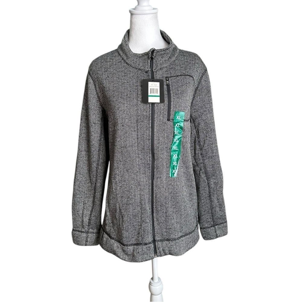 NWT Womens Marc New York Black White Herringbone Knit Fleece Full Zip Jacket XL